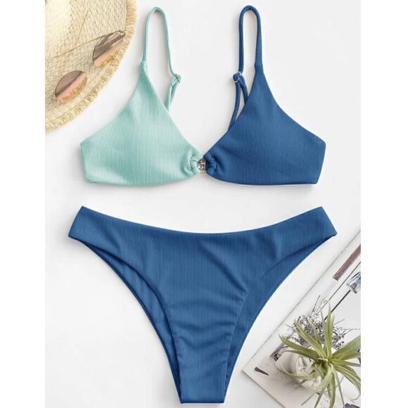 Two Tone Ribbed O-Ring Bikini Bathing Suit - Picture 2 of 5